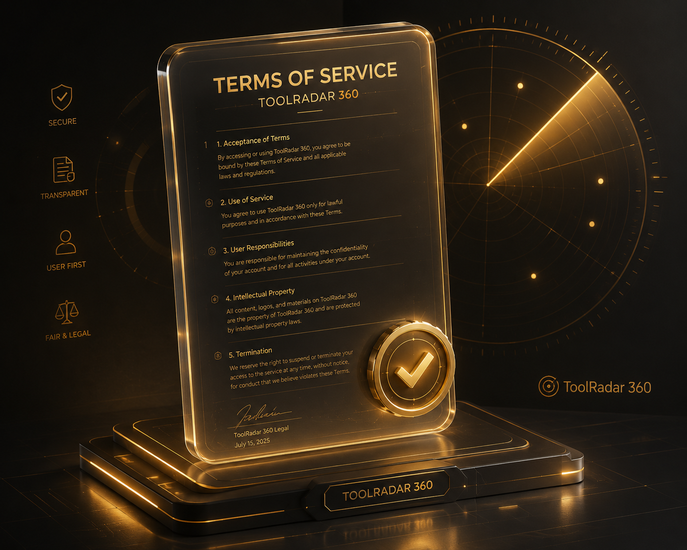 Tool Radar 360 terms of service legal policy framework layout